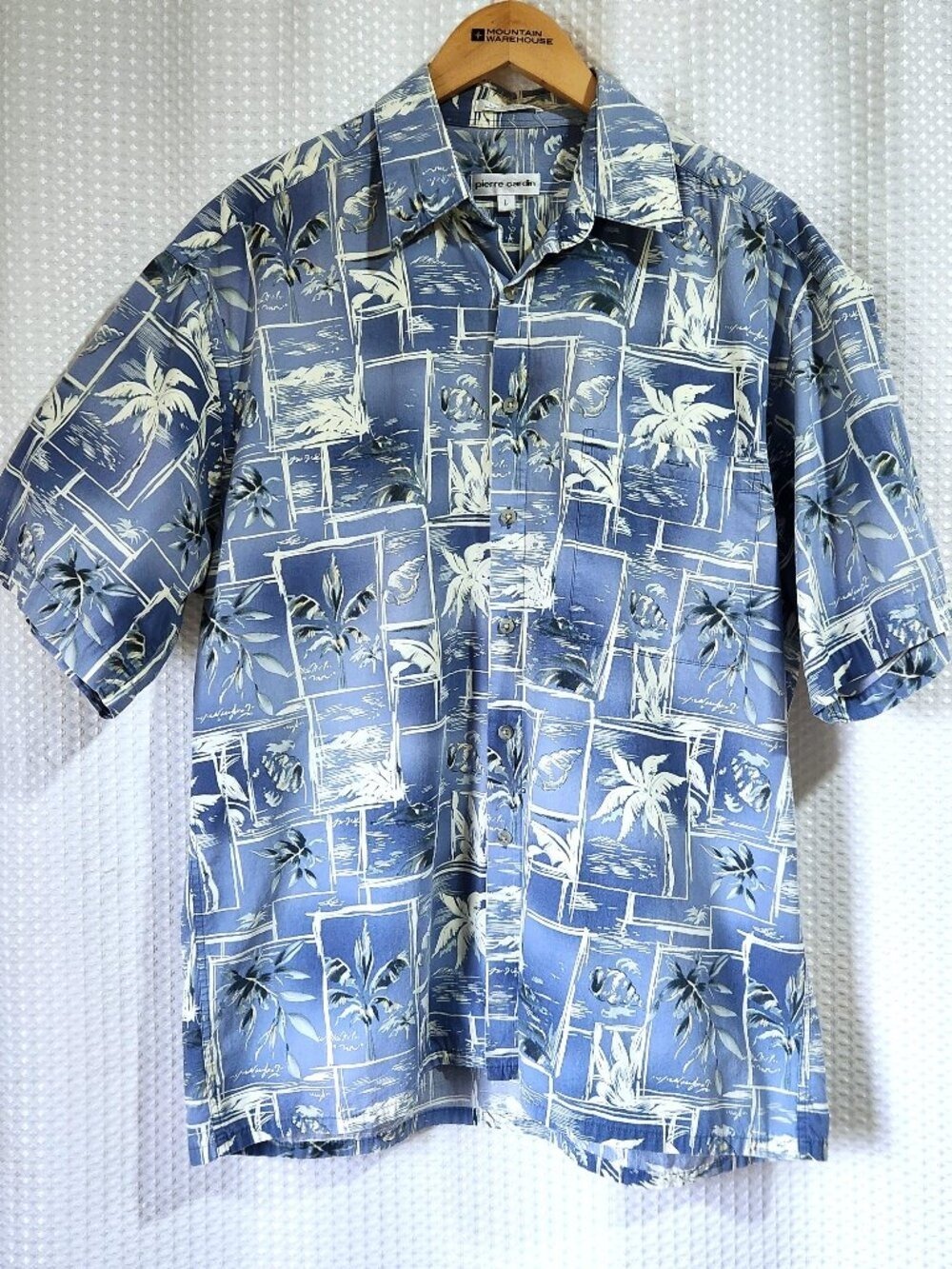 Vintage Pierre Cardin Hawaiian Shirt L Blue Palm Tree Camp Button Down 1990s